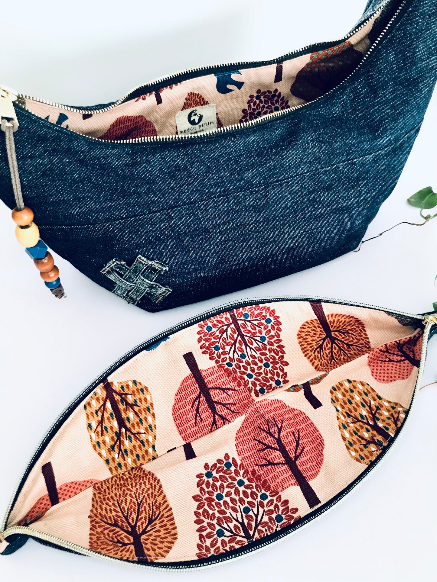 Hobo Zero with blue denim, autumnal lining and matching zipper pouch