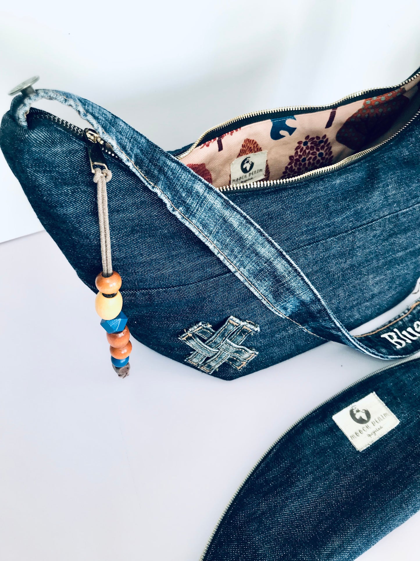 Hobo Zero with blue denim, autumnal lining and matching zipper pouch