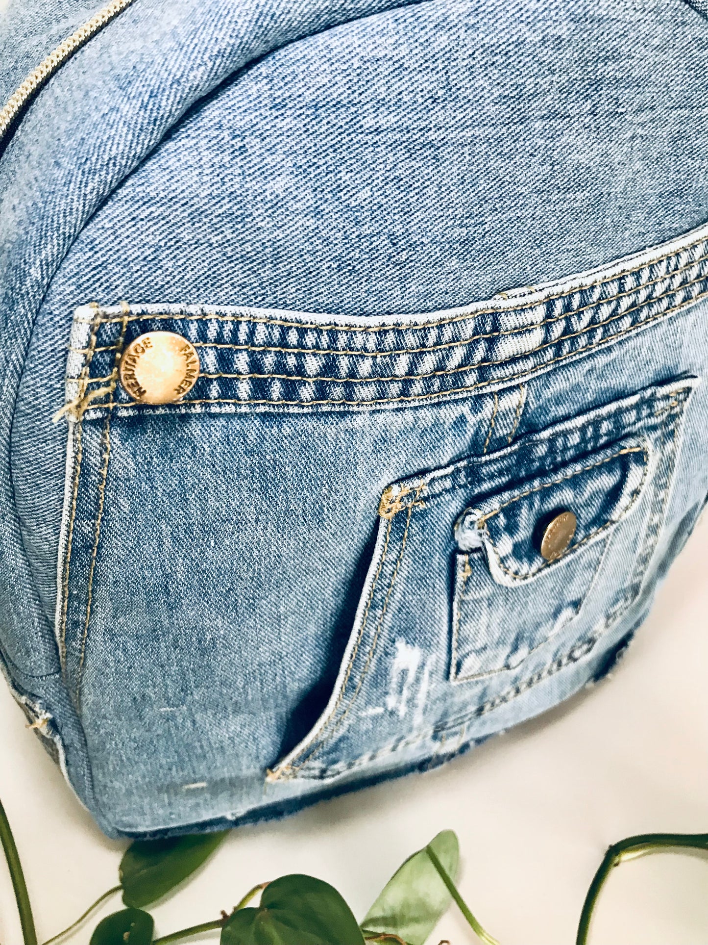 Classic upcycled denim mini backpack with Parisian charm
