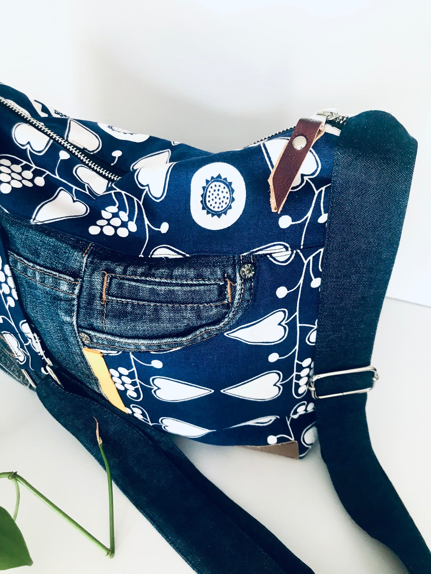 Conscious Carry-all with blue denim, graphic botanical print and yellow racing stripe
