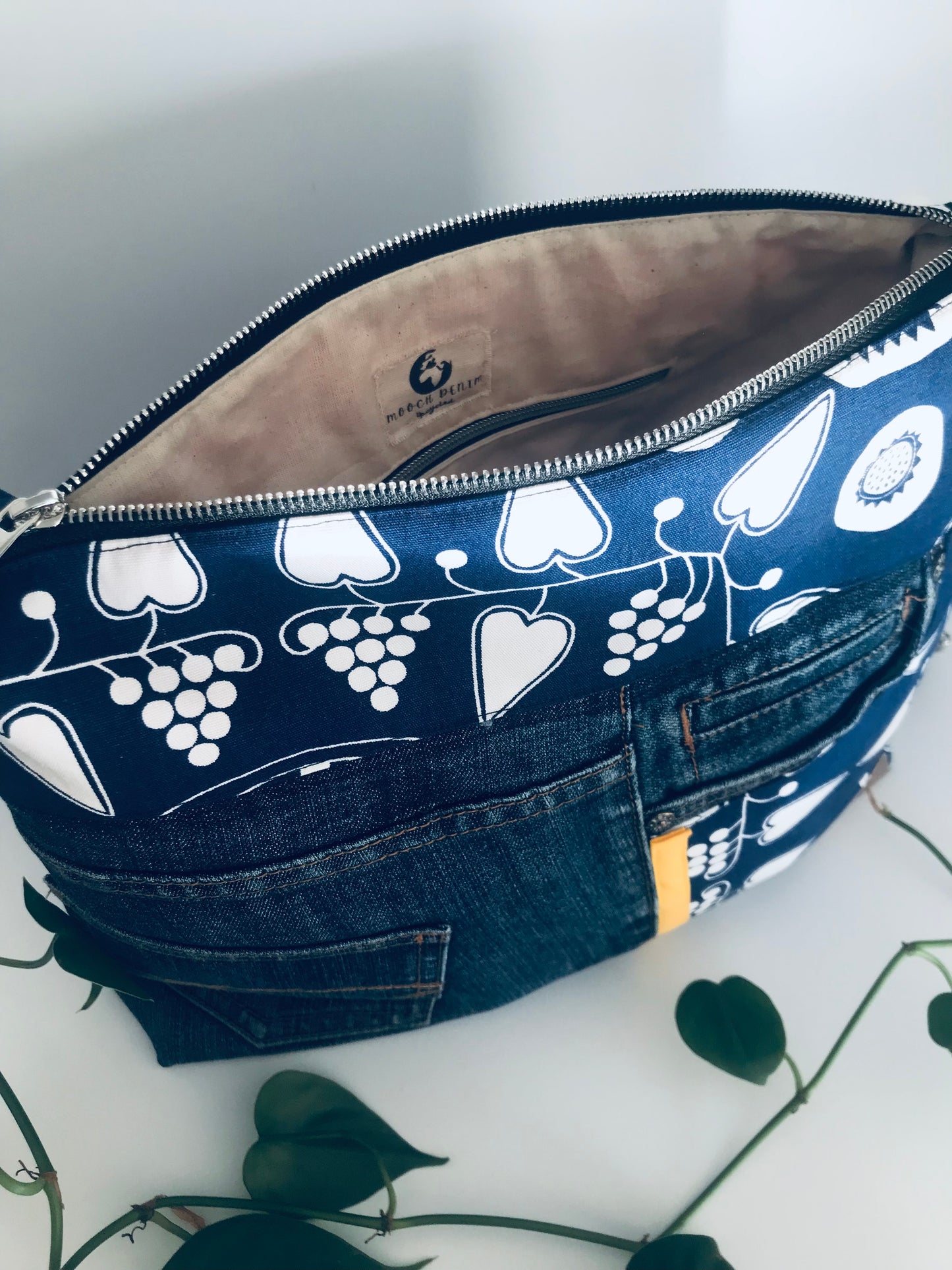 Conscious Carry-all with blue denim, graphic botanical print and yellow racing stripe