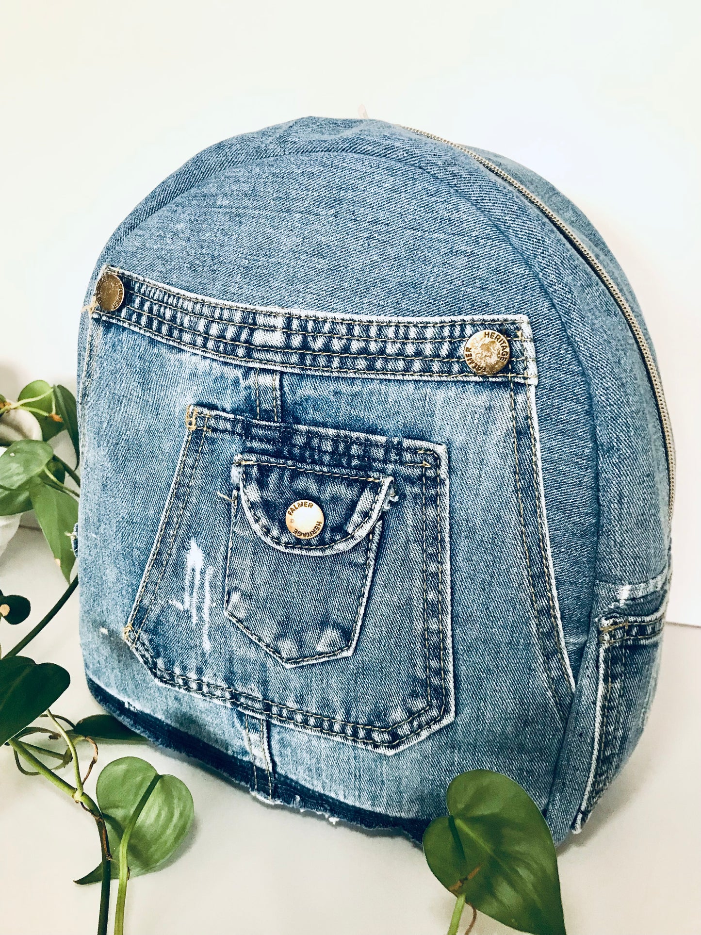 Classic upcycled denim mini backpack with Parisian charm