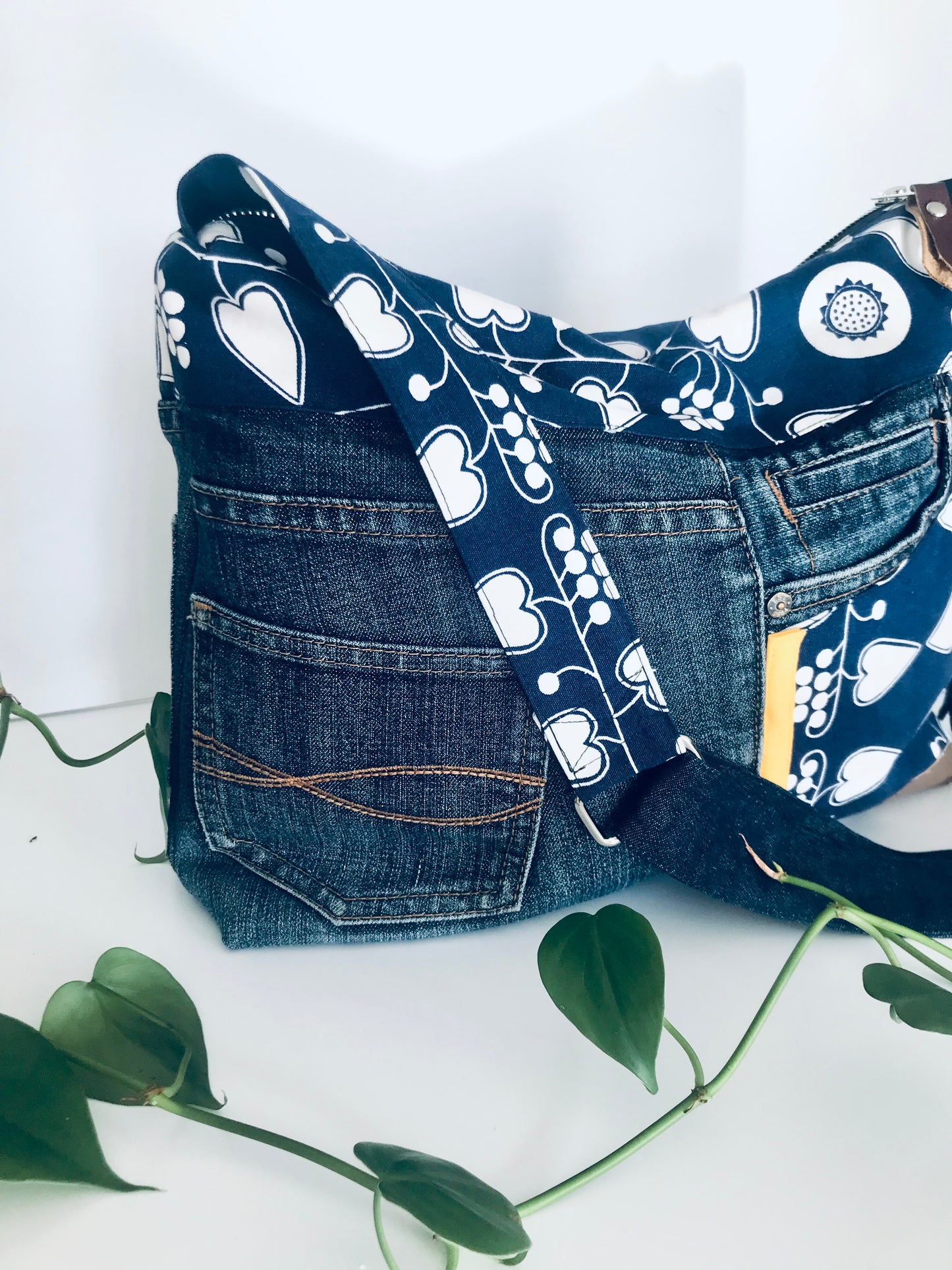 Conscious Carry-all with blue denim, graphic botanical print and yellow racing stripe