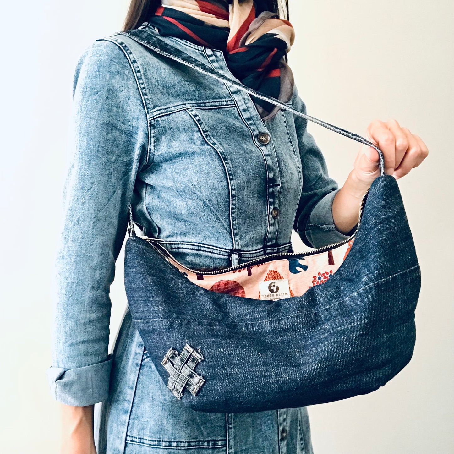 Hobo Zero with blue denim, autumnal lining and matching zipper pouch