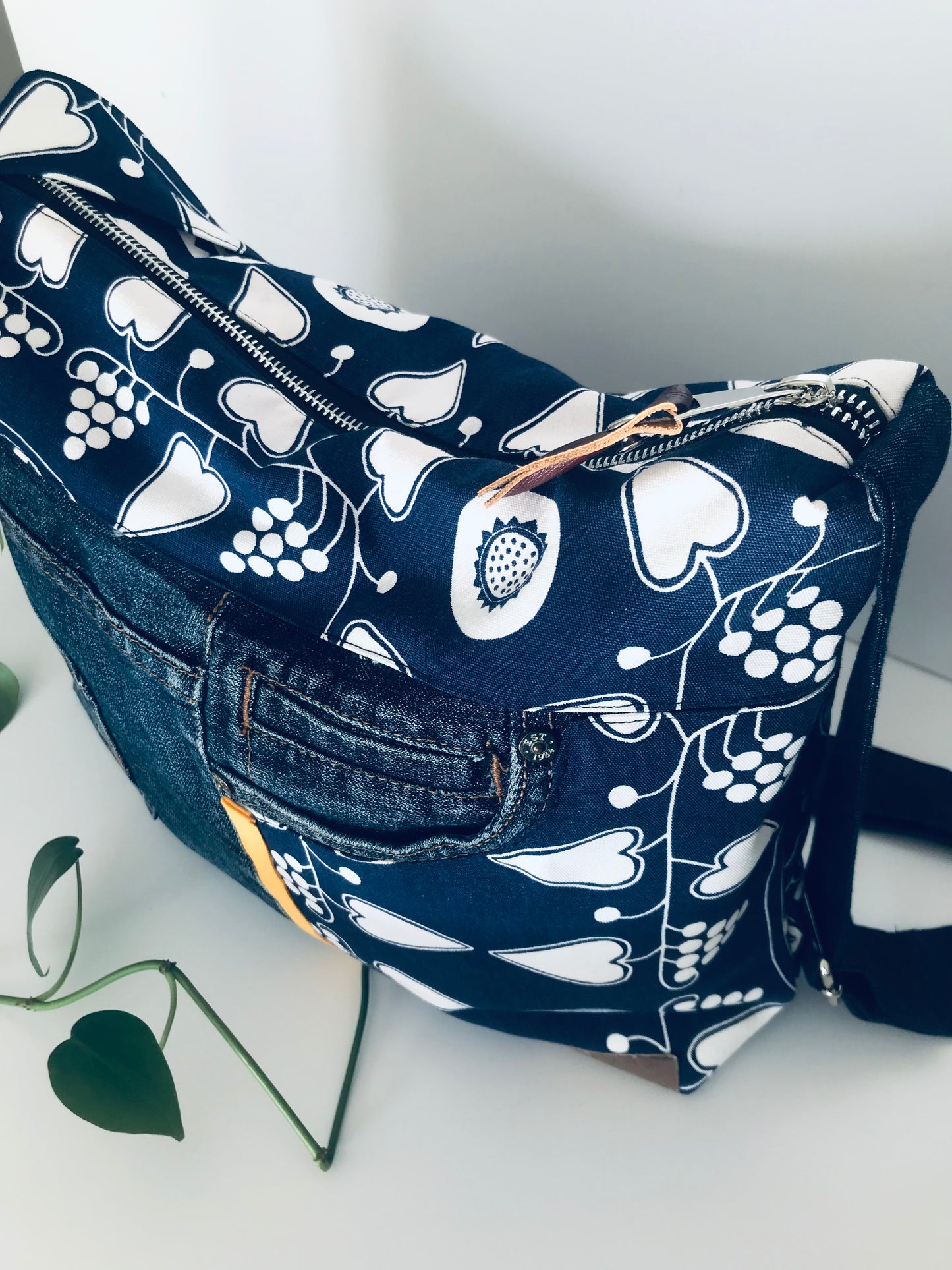 Conscious Carry-all with blue denim, graphic botanical print and yellow racing stripe
