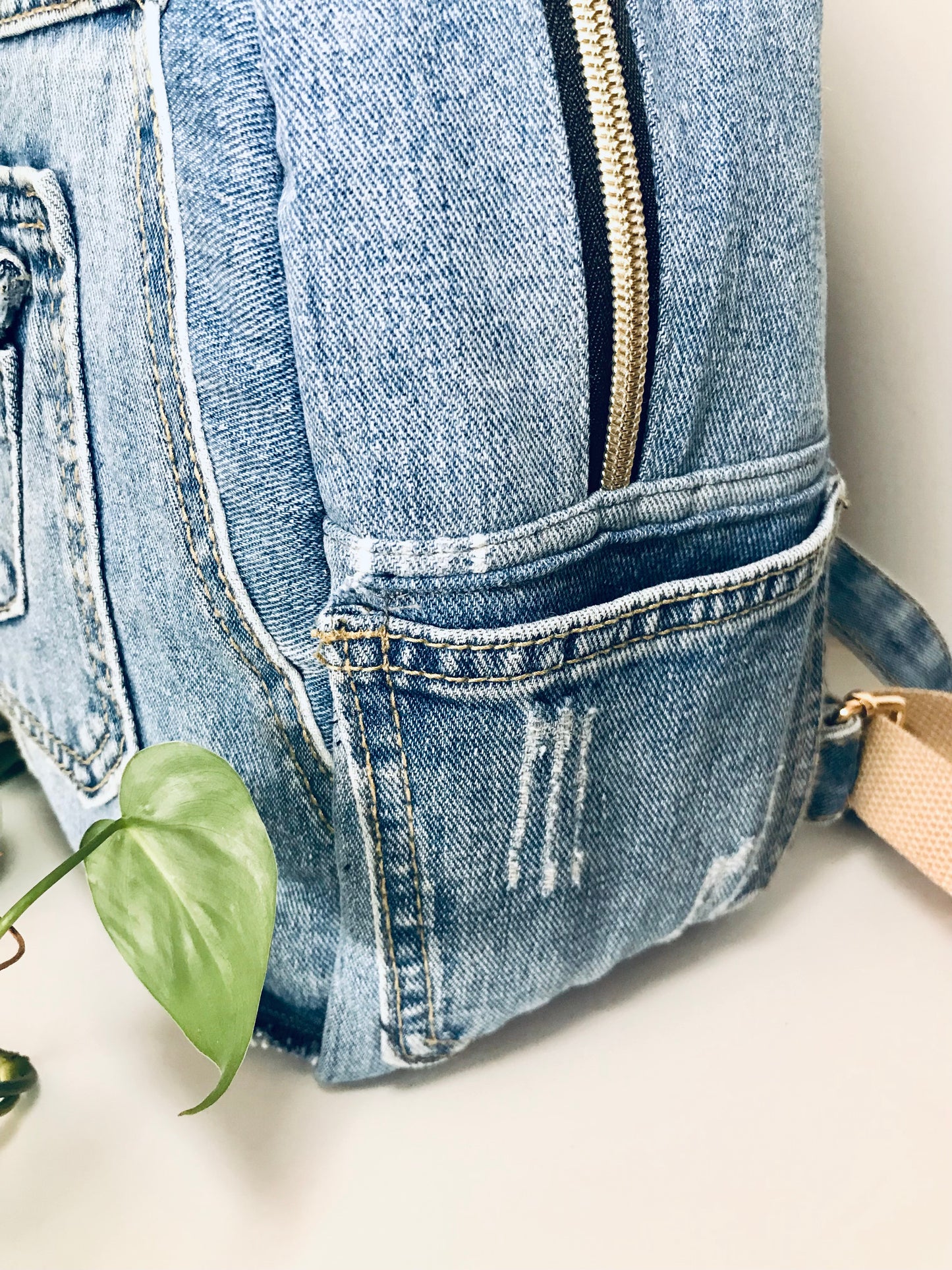 Classic upcycled denim mini backpack with Parisian charm