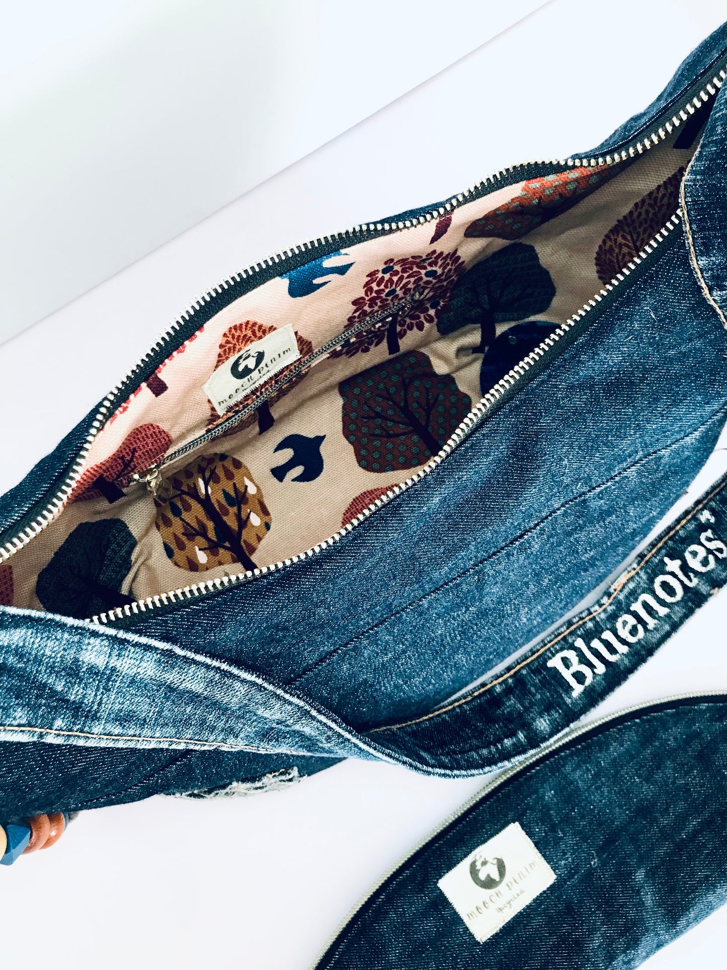 Hobo Zero with blue denim, autumnal lining and matching zipper pouch