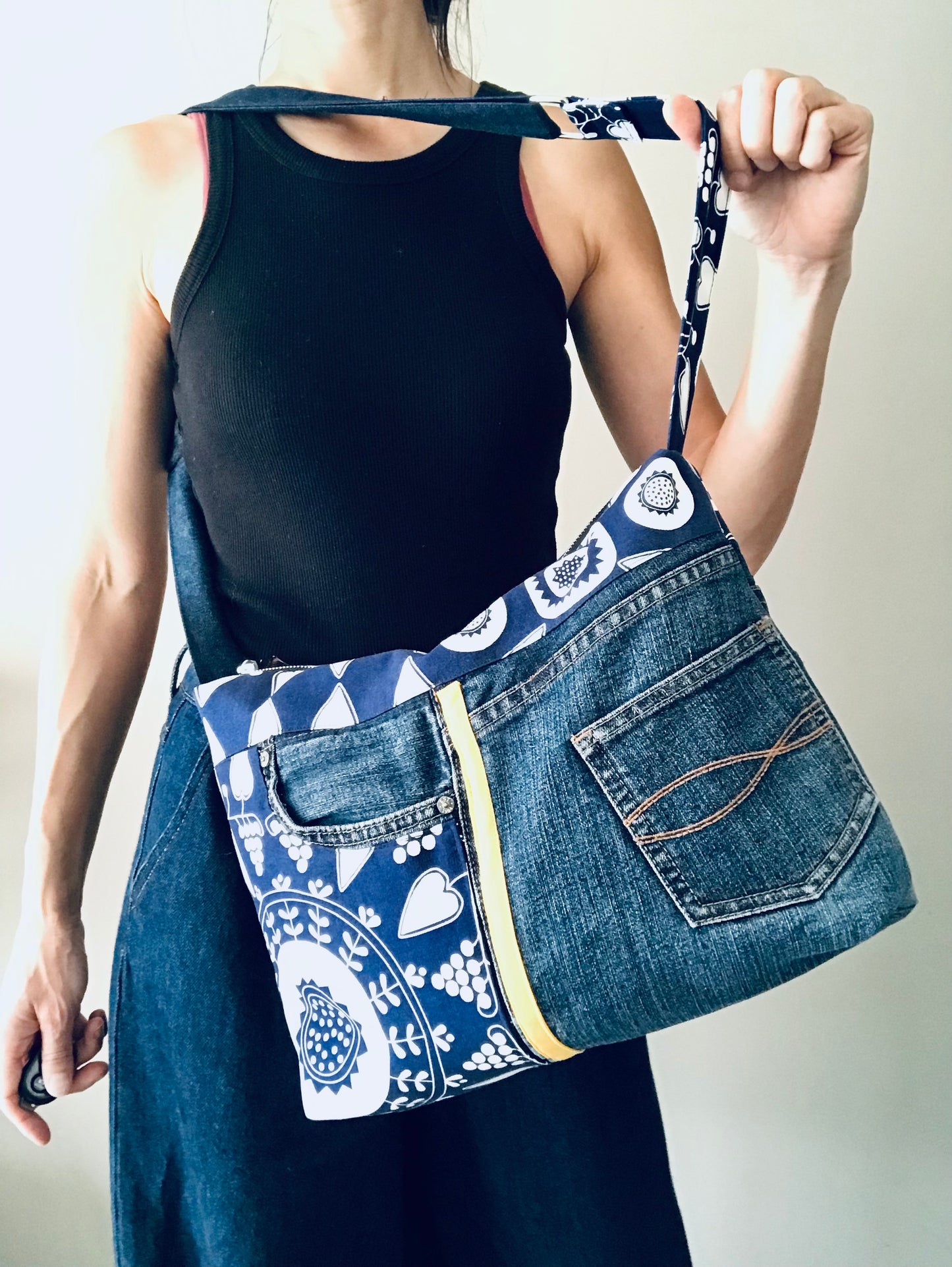 Conscious Carry-all with blue denim, graphic botanical print and yellow racing stripe