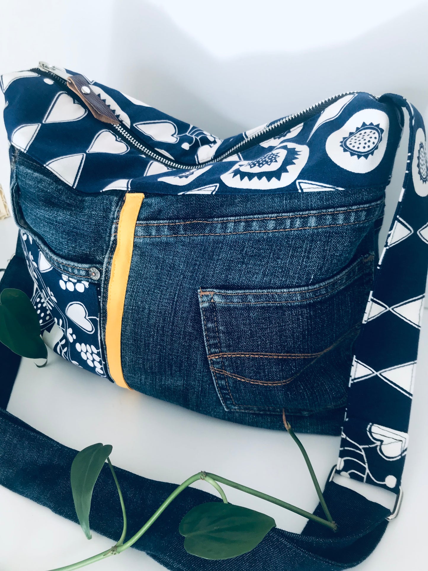 Conscious Carry-all with blue denim, graphic botanical print and yellow racing stripe