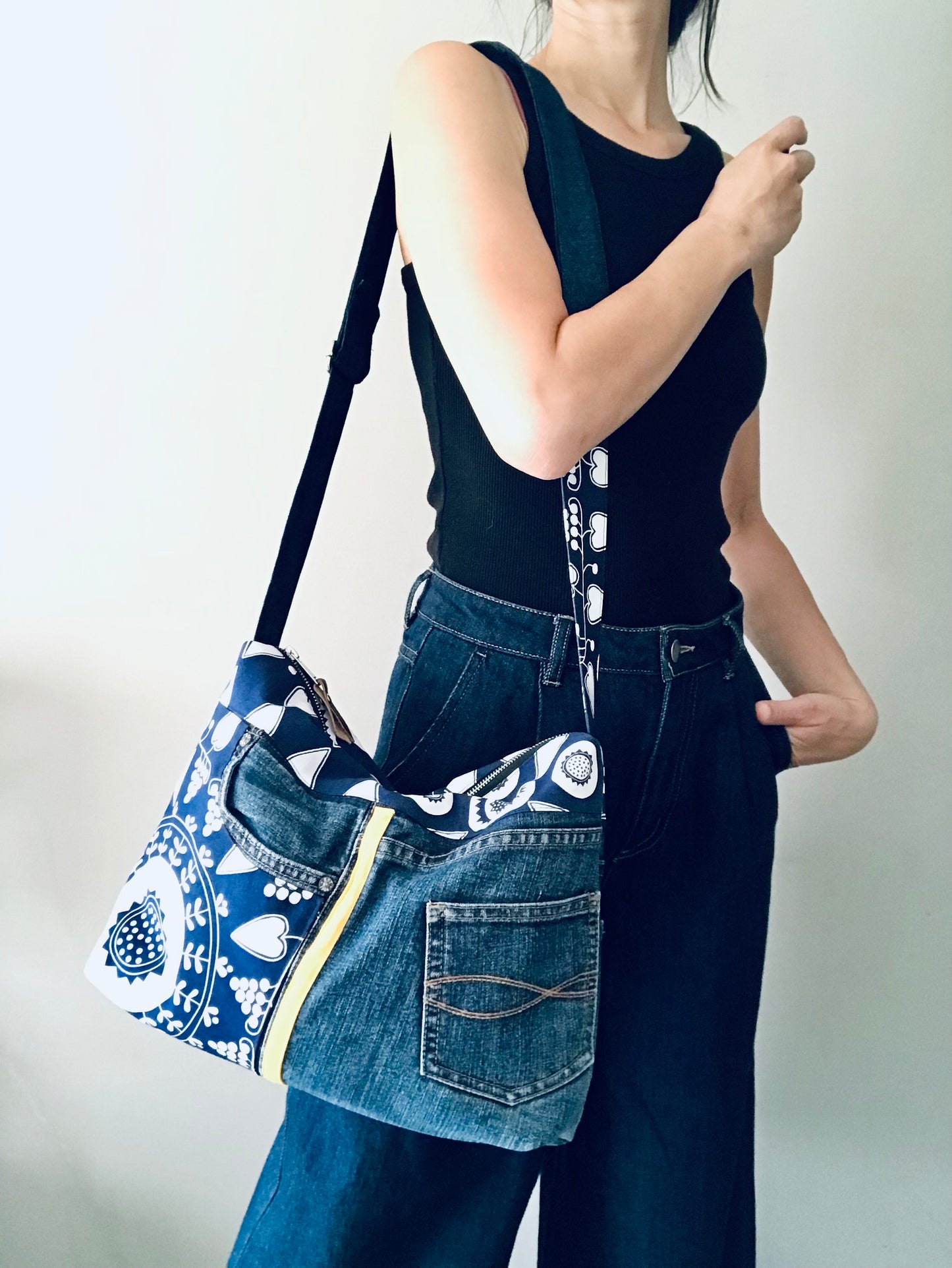 Conscious Carry-all with blue denim, graphic botanical print and yellow racing stripe