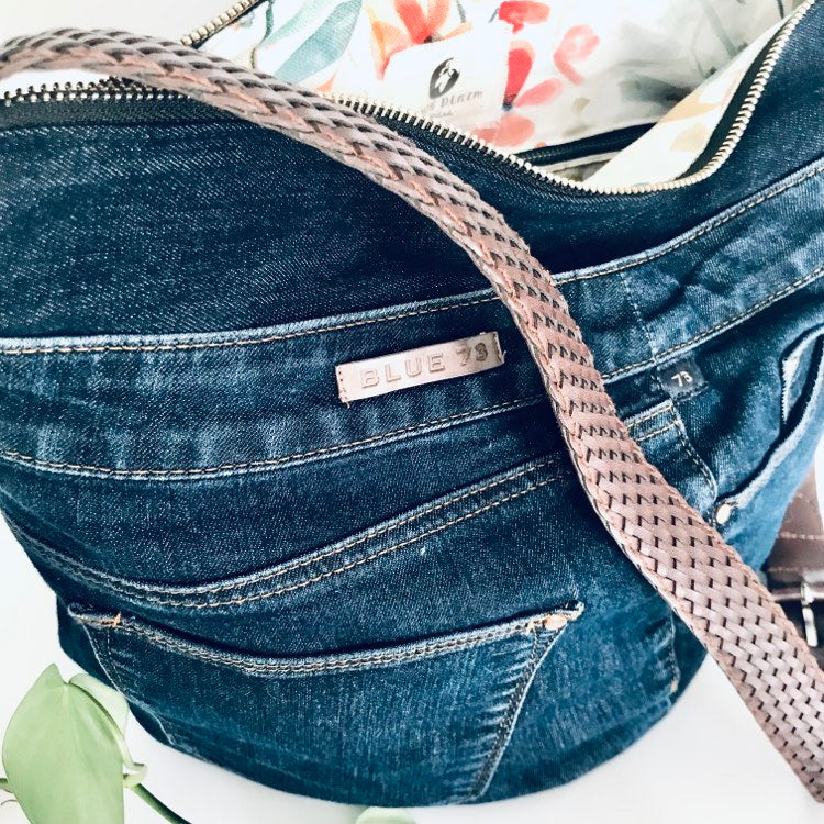 Upcycled denim hobo bag with Tuscan floral lining Mooch Denim Upcycled