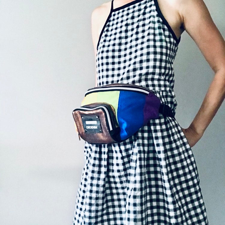 Rainbow waist pack in multicoloured cotton and black denim