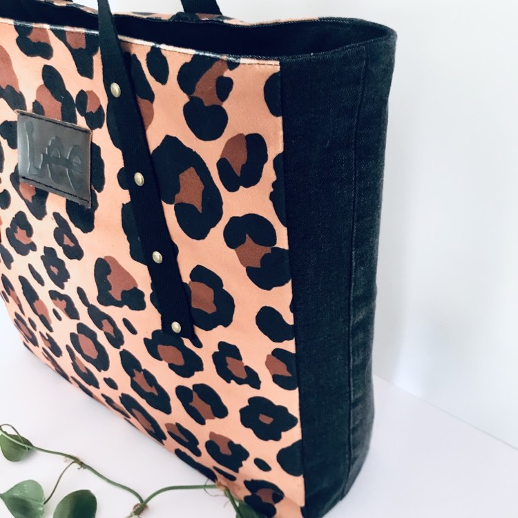 Large tote bag - remnant leopard faux suede x black denim