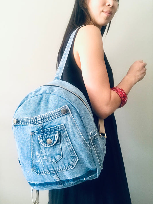Classic upcycled denim mini backpack with Parisian charm